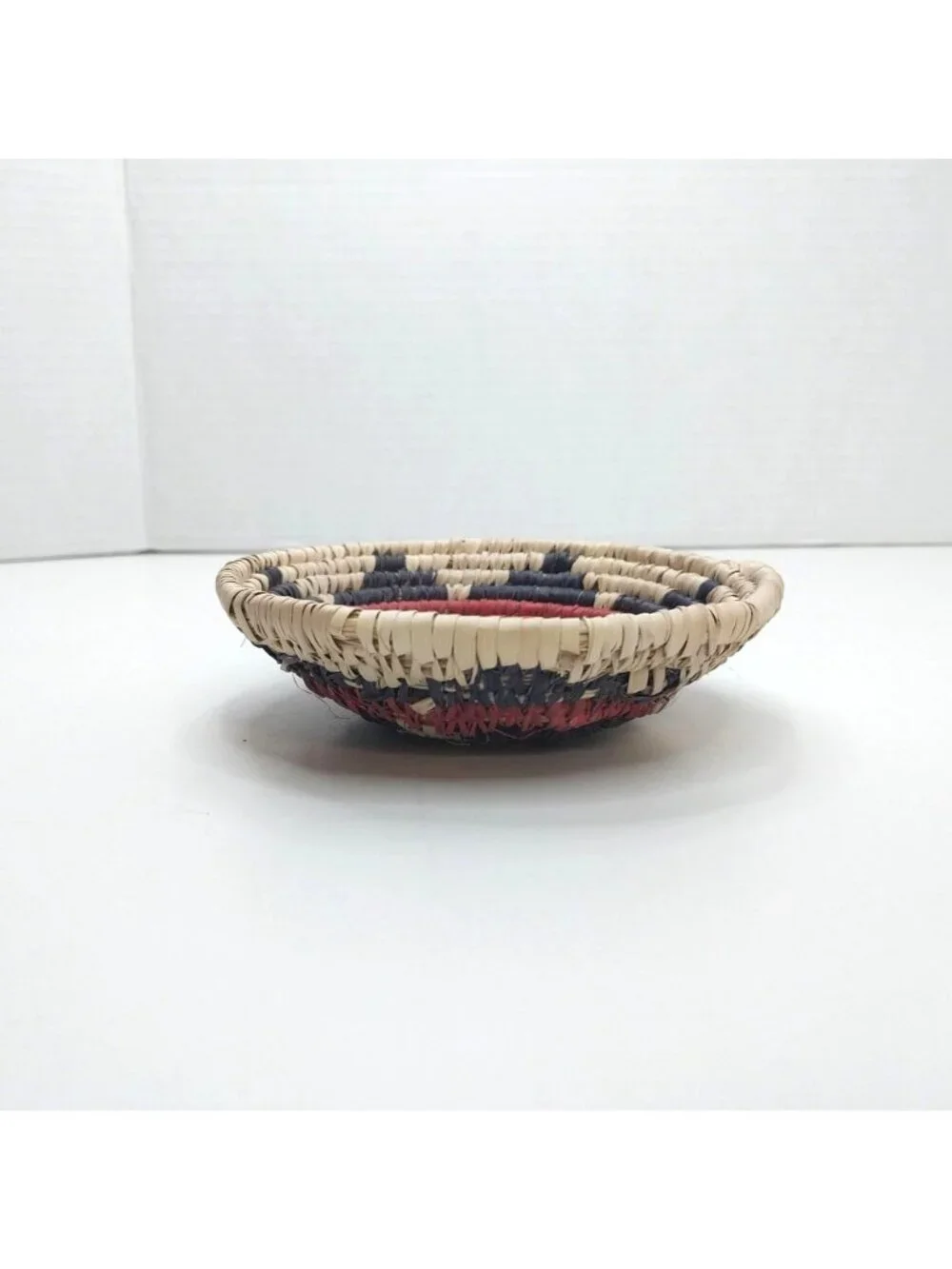 Handwoven Small Woven Coiled Basket Bowl Natural Fiber Red Blue